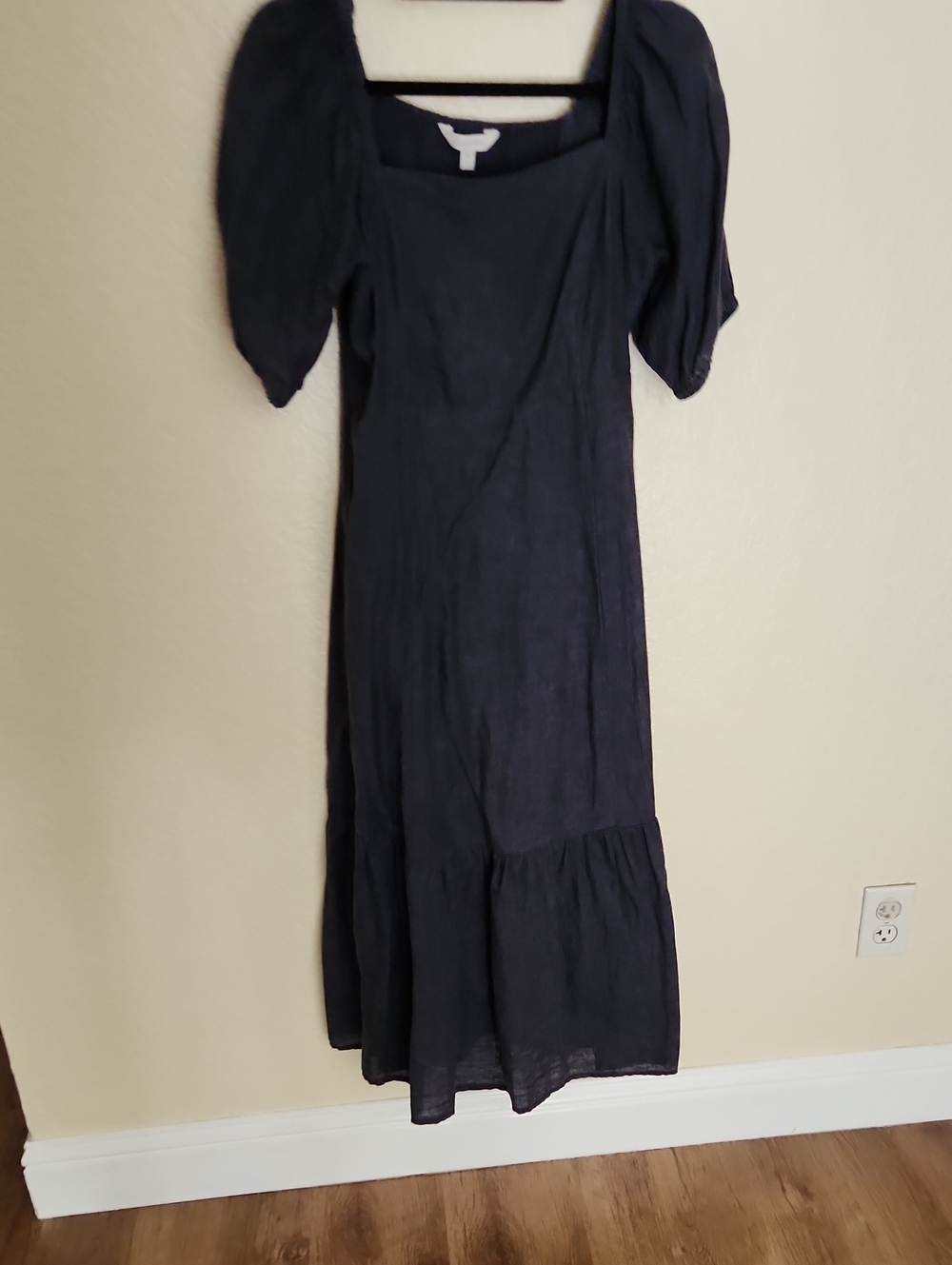 Garnet Hill Navy-Grey Square-Neck Puff Sleeve 100% Linen Midi Dress Size XS